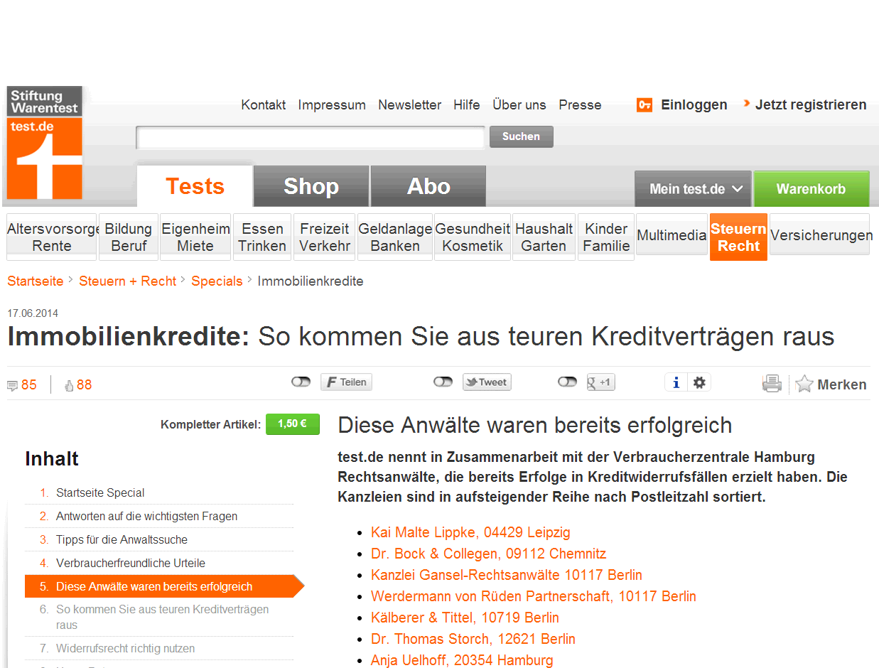 Screenshot der Homepage der Stiftung Warentest