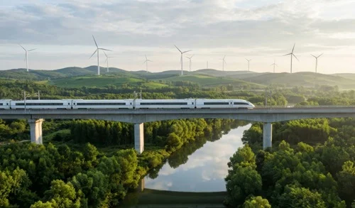 Ein Zug fährt über eine Brücke durch eine grüne Landschaft