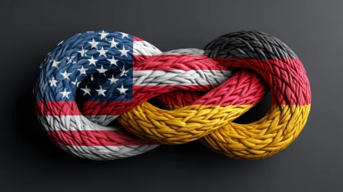 Amerikanische und Deutsche Flagge ineinander verstrickt