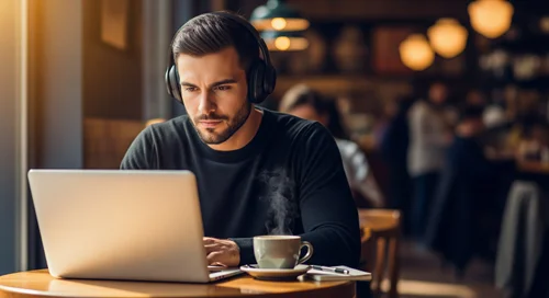 Man sitting in a coffee shop with a laptop