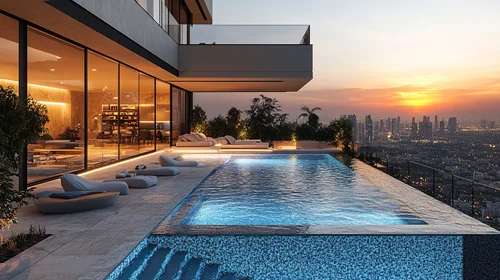 Anwesen mit Pool und Skyline im Hintergrund