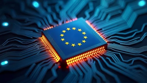 Ein Computerchip mit den EU-Sternen