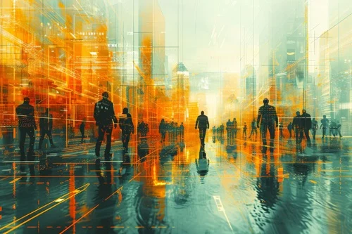 Silhouette von Menschen die durch eine Stadt laufen