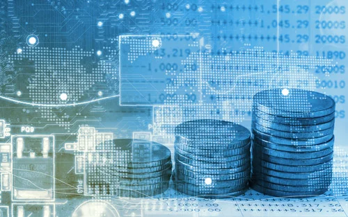 Three stacks of coins on a list with numbers and charts