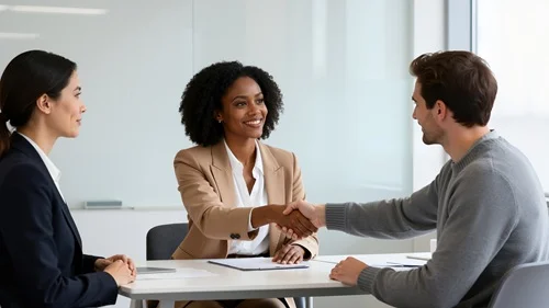 Zwei Personen schütteln sich lächelnd die Hände