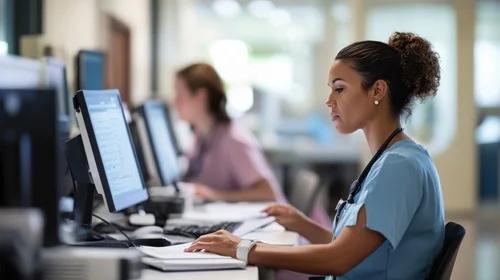 Frau am Laptop in einem Krankenhaus