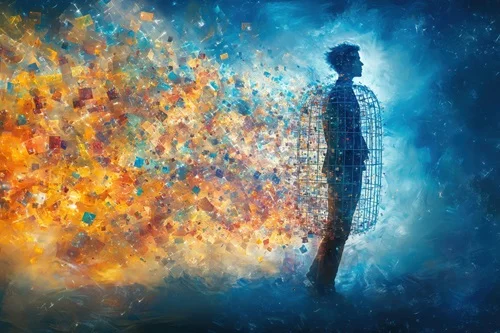 Eine Man symbolisch in einem Käfig